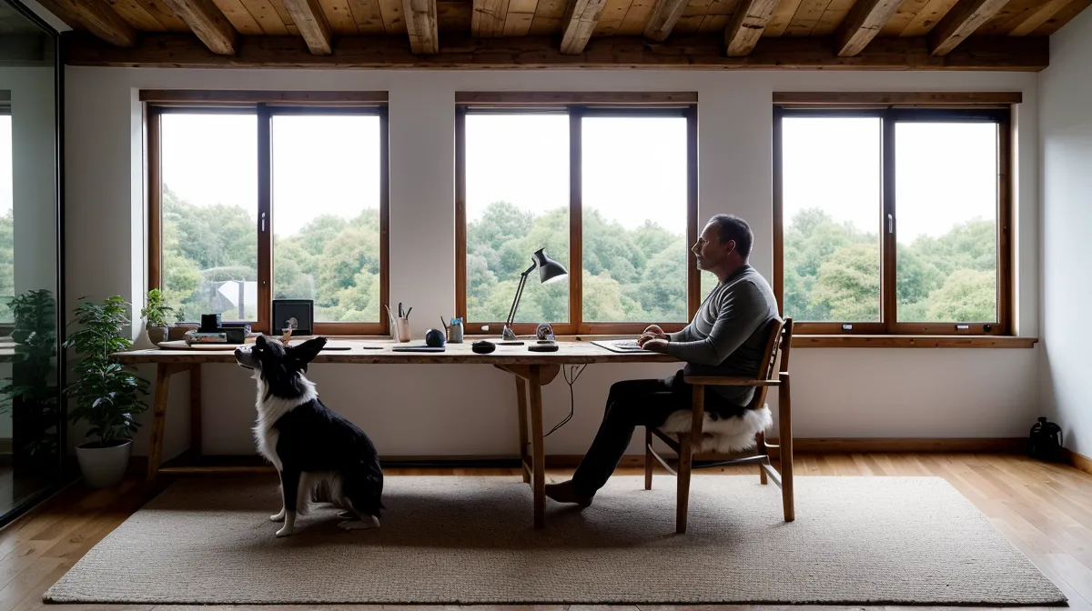 Bürohund liegt entspannt auf seiner Decke neben dem Schreibtisch im Homeoffice