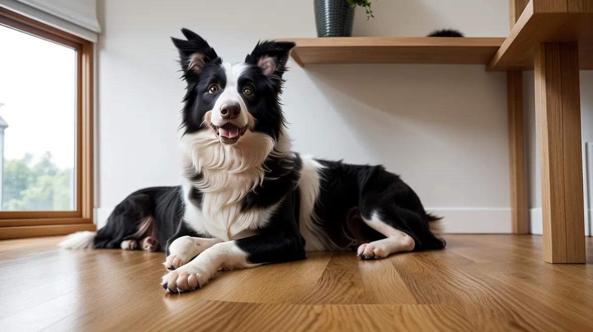 Hund an Katzen gewöhnen Online Kurs: Border Collie beobachtet ruhig eine Katze am Fenster