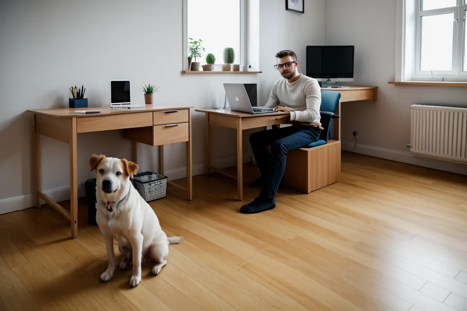 Homeoffice-Alltag: Hund liegt entspannt unter dem Schreibtisch nach Online-Kurs-Vergleich zur Katzengewöhnung