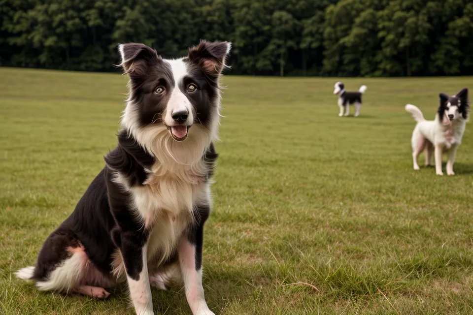 Border-Collie-Mix wartet auf ein Distanz-Kommando, im Hintergrund ist ein Reh sichtbar – Beispiel für Distanzkontrolle im Hundetraining