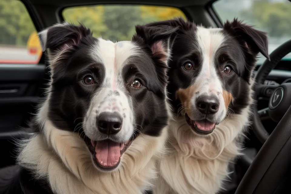 Nahaufnahme eines Border-Collie-Mischlings mit unsicherem Blick vor einem Auto.