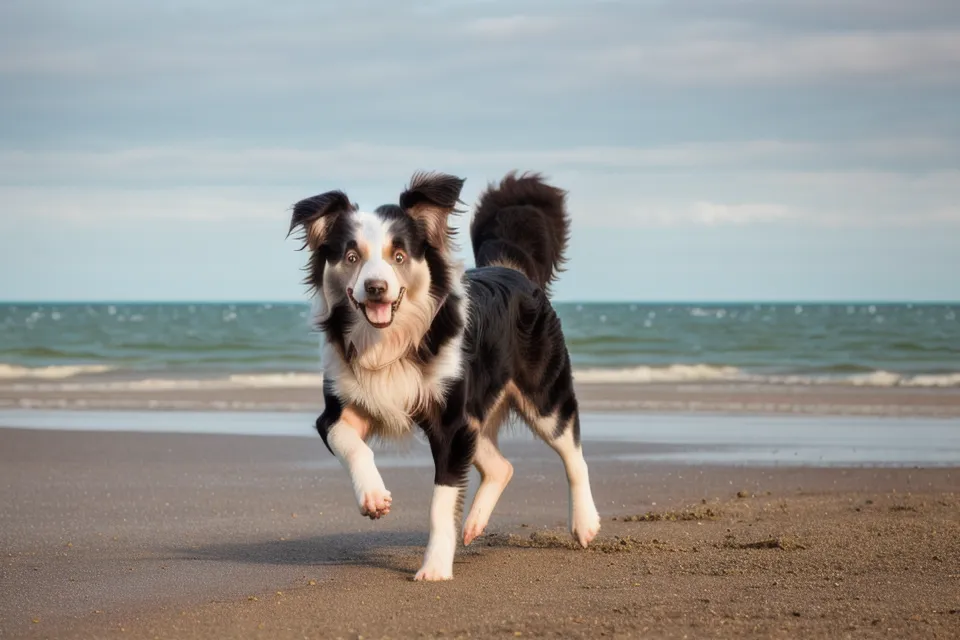 Ein glücklicher Hund rennt nach einer entspannten Autofahrt am Ostseestrand.