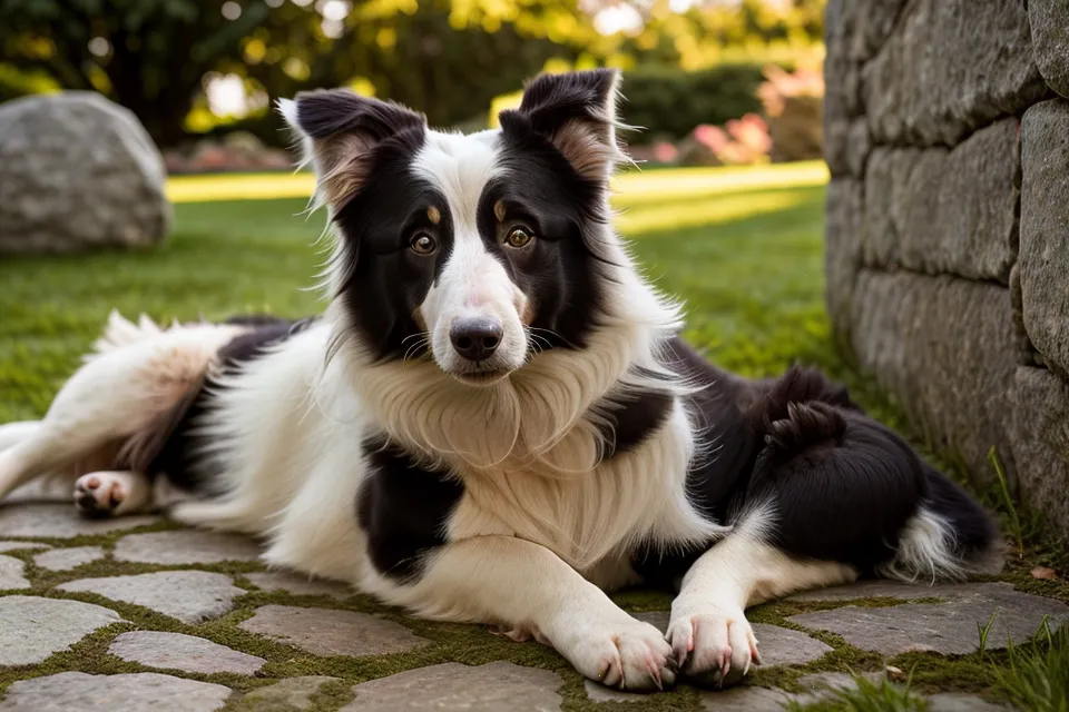 Ein entspannter Hund liegt ruhig im Garten auf einer gepflegten Rasenfläche.