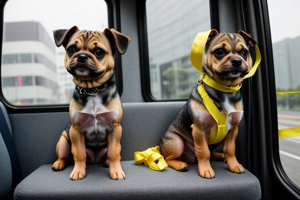 Ein Hund mit einer gelben Schleife an der Leine sitzt entspannt neben seinem Besitzer im Bus.
