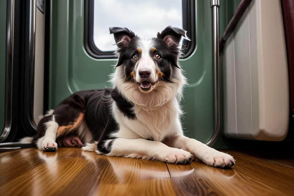 Ein Border-Collie-Mischling liegt ruhig unter einem Sitz in einer fahrenden S-Bahn.