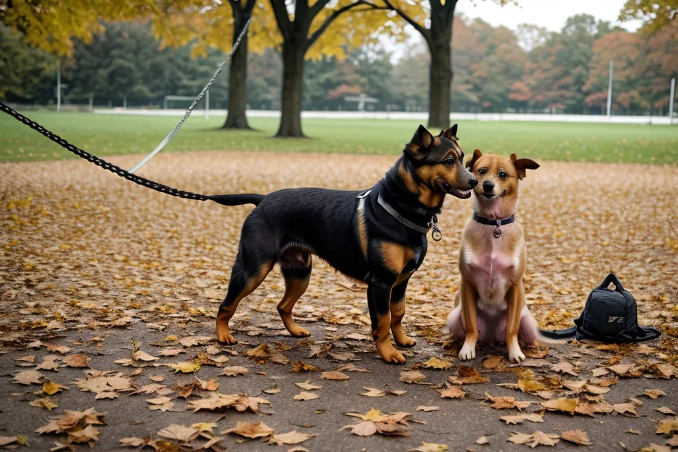 Hund liegt entspannt auf einer Matte während Passanten im Hintergrund vorbeilaufen