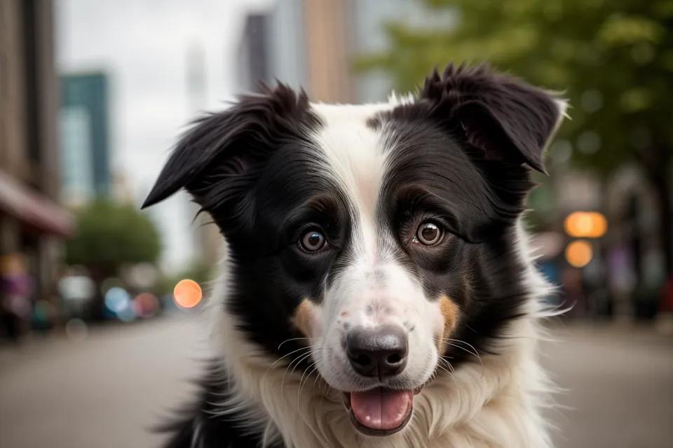 Border-Collie-Mix mit typischem fixierendem Eyeing-Blick auf Bewegung im Restaurant