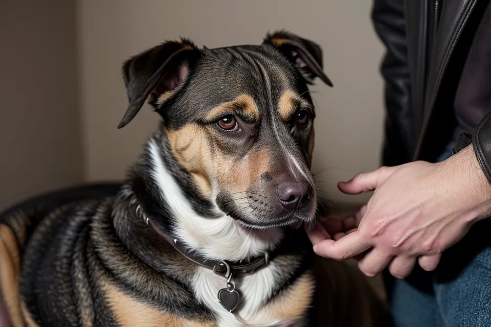 Hand beruhigt einen Hund im Café mit ruhiger Geste während des Restaurant-Trainings