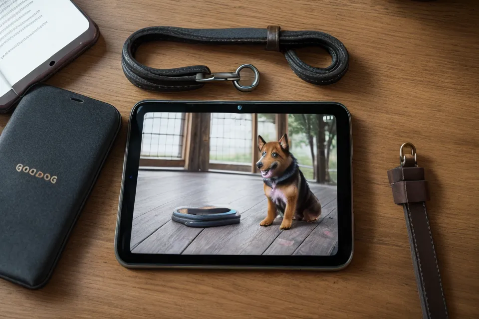 Online-Hundeschule Lektion auf dem Smartphone mit Trainingsnotizen zum Restaurant-Training