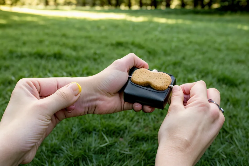 Nahaufnahme von Hundeleckerlis und einem Clicker während eines Outdoor-Trainings.