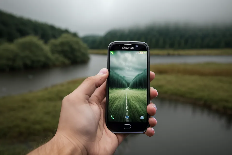 Smartphone mit einer Hundetrainings-App im Regen an der Elbe.