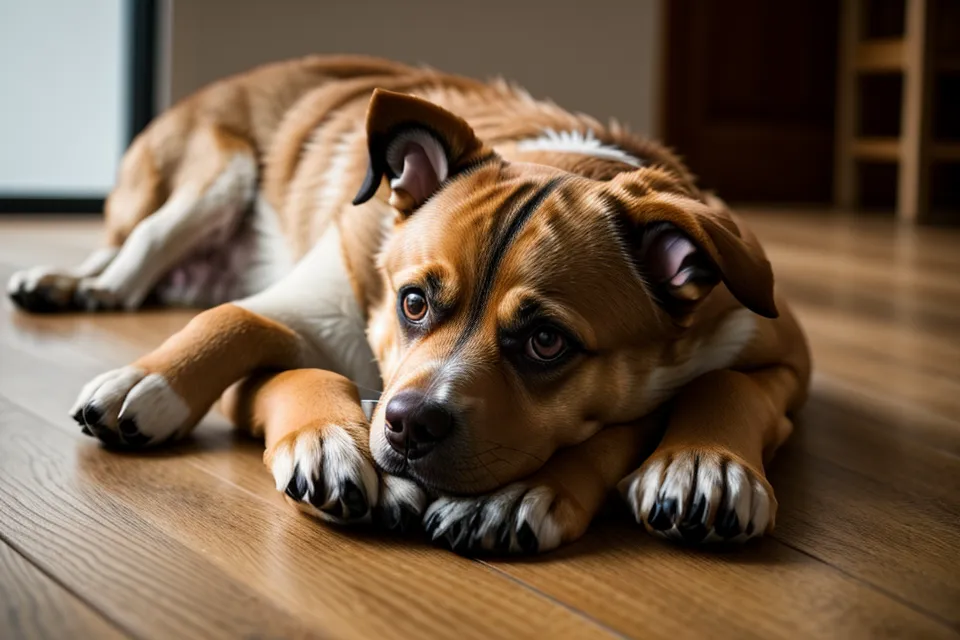 Border-Collie-Mix liegt entspannt auf dem Boden während Online-Hundetraining im Homeoffice