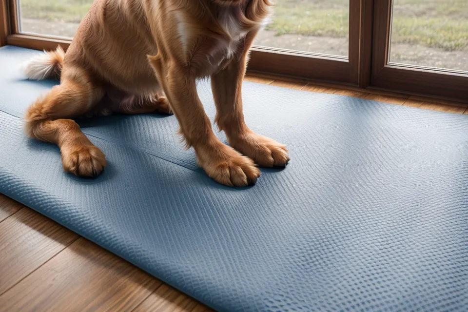 Nahaufnahme der Pfoten eines Hundes auf einer Trainingsmatte bei Physiotherapie-Übungen.