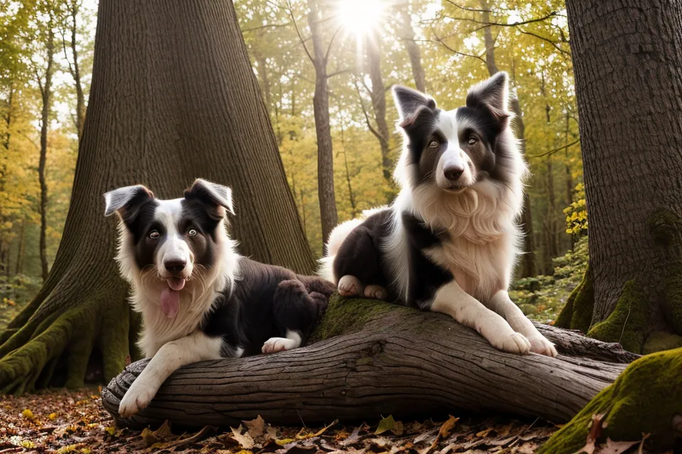 Ein Border-Collie-Mix balanciert auf einem Baumstamm zur Förderung der Koordination.