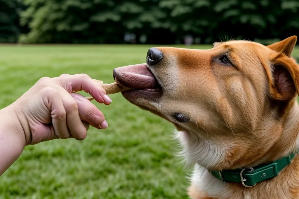 Nahaufnahme einer Hand, die einem Hund eine Belohnung gibt, Fokus auf positiver Verstärkung.