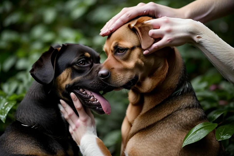 Soziale Belohnung durch Streicheln und Koerperkontakt waehrend des Hundetrainings im Freien.