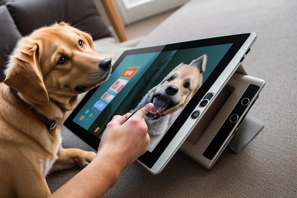 Ein Tablet zeigt ein Online-Hundetraining Video während eine Hand ein Leckerli bereitstellt.