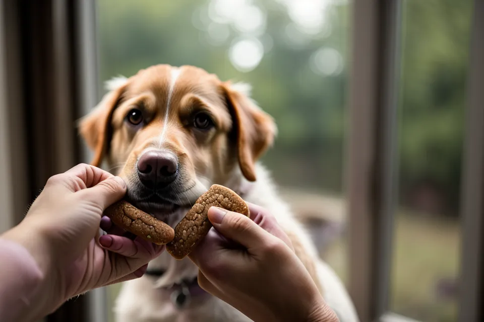 Nahaufnahme von Hundetraining mit Leckerli zur Förderung der Selbstbeherrschung.