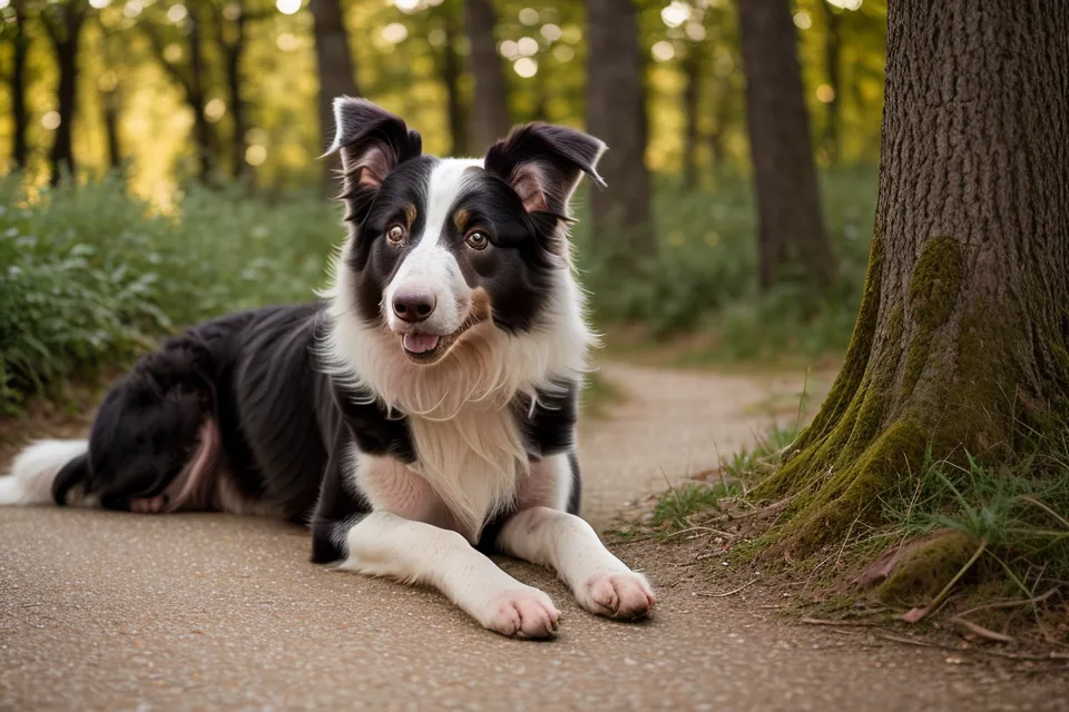 Border Collie Mix wartet entspannt trotz Ablenkung durch ein Eichhörnchen im Park.