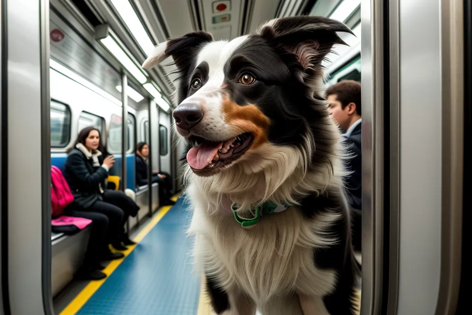 Entspannter Hund mit Maulkorb in einer Hamburger U-Bahn während der Fahrt.