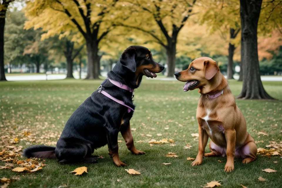 Zwei Hunde sitzen nebeneinander und warten ruhig auf ein Signal ihres Halters.