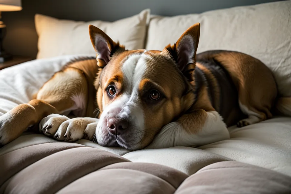 Ein älterer Hund ruht entspannt auf seinem Hundebett im Wohnzimmer.