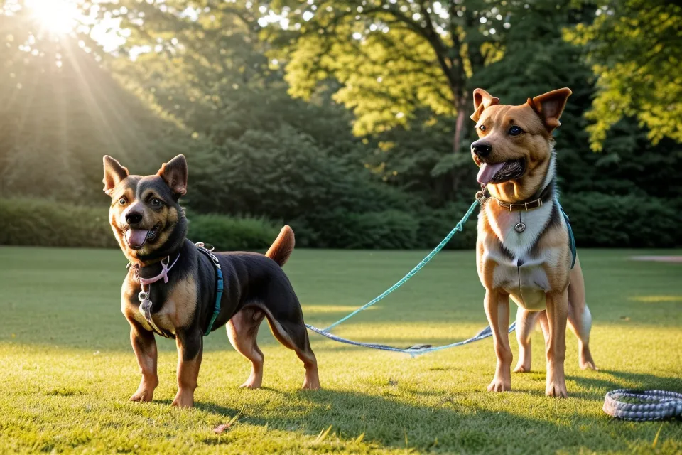 Ein Hund läuft entspannt an der Leine durch einen belebten Park in Hamburg.