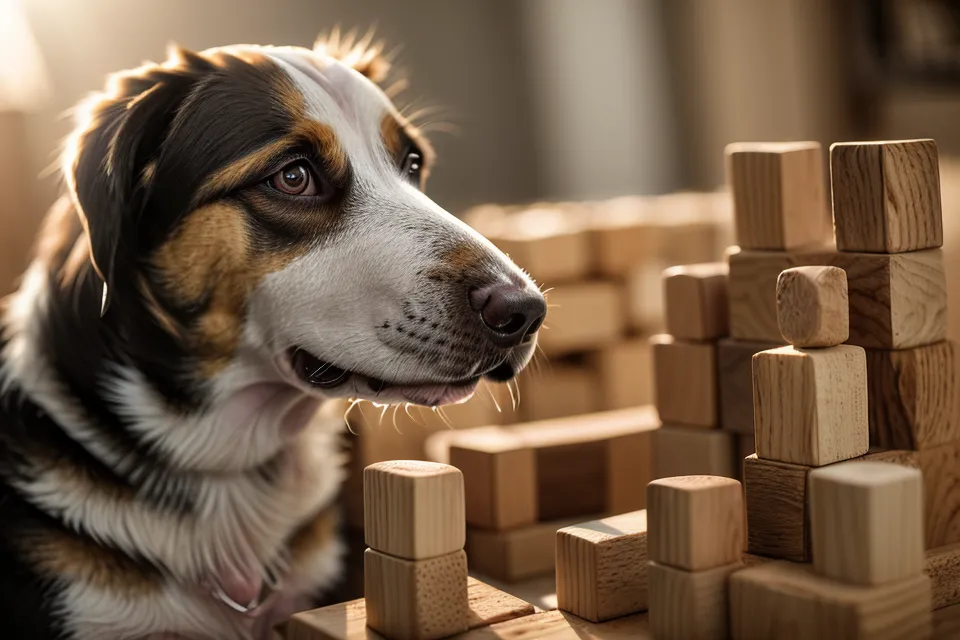 Nahaufnahme eines Hundes bei der Nasenarbeit, der Gegenstände am Boden für geistige Auslastung abschnüffelt