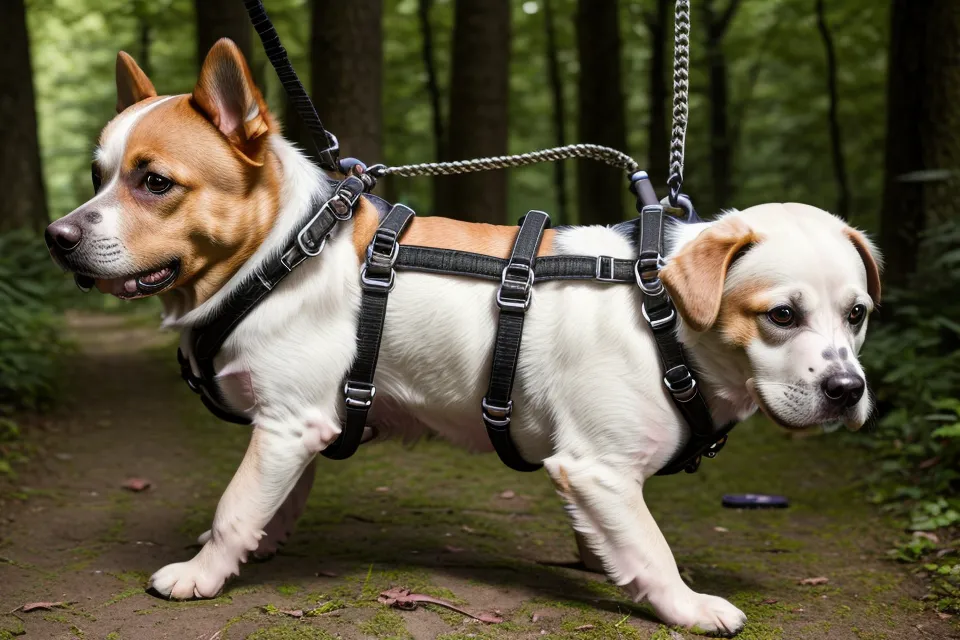 Ein Hund mit Brustgeschirr und eingehakter Schleppleine schaut erwartungsvoll zum Halter.