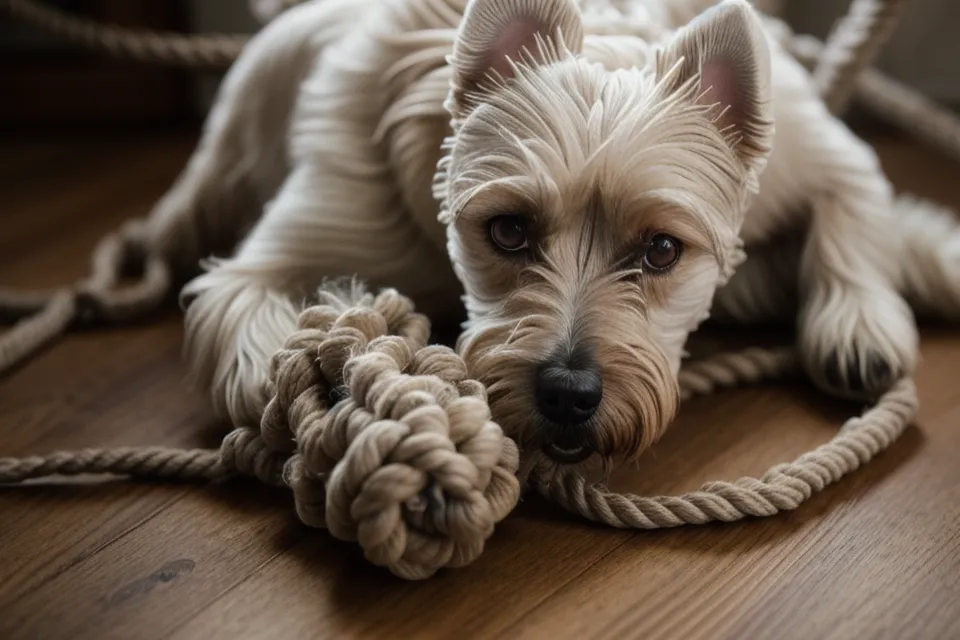 Abgewetztes Baumwollseil-Hundespielzeug auf einem Holzboden im Wohnzimmer