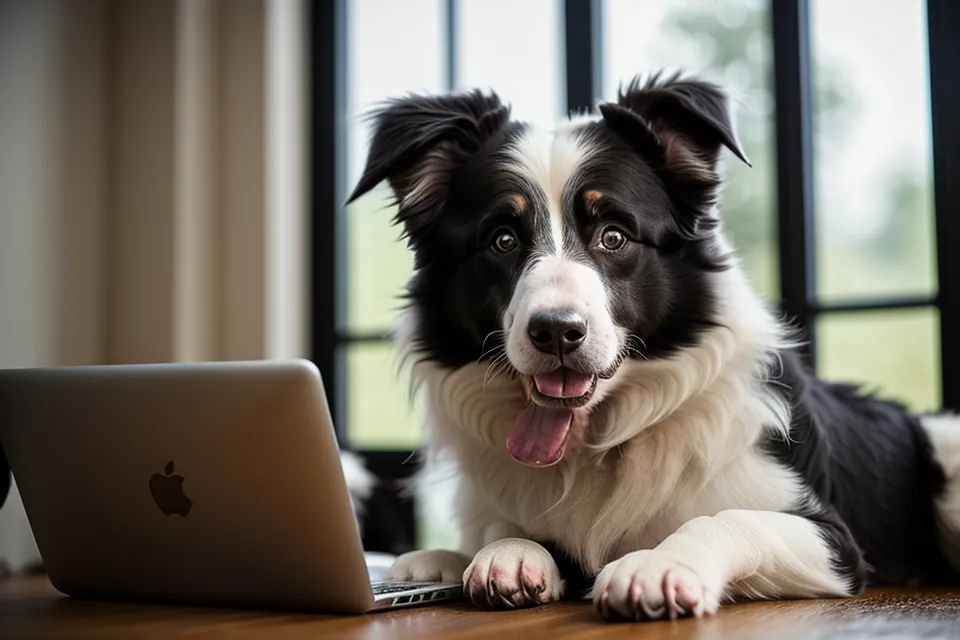 Aufmerksamer Border Collie Mix im Homeoffice