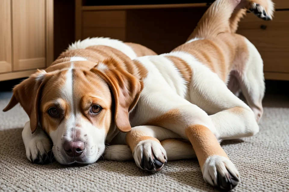 Ein entspannter Hund liegt während der Arbeit unter dem Schreibtisch