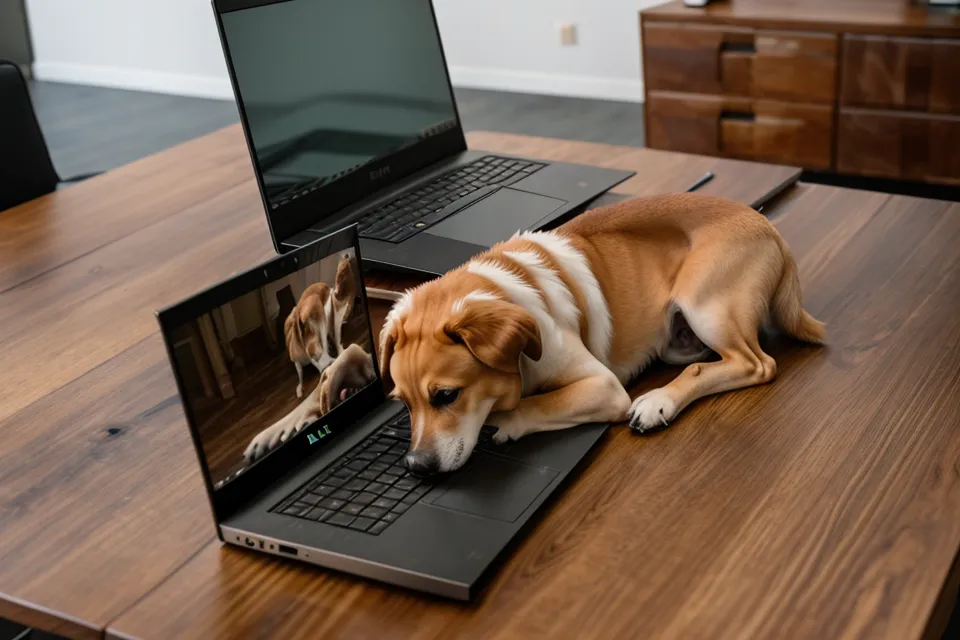Ein Hund legt seinen Kopf im Homeoffice auf das Knie seines Besitzers.