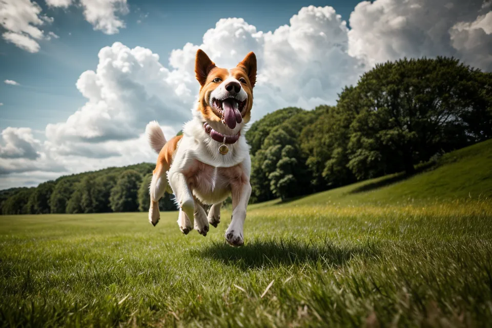 Ein glücklicher Hund rennt über eine grüne Wiese auf die Kamera zu.