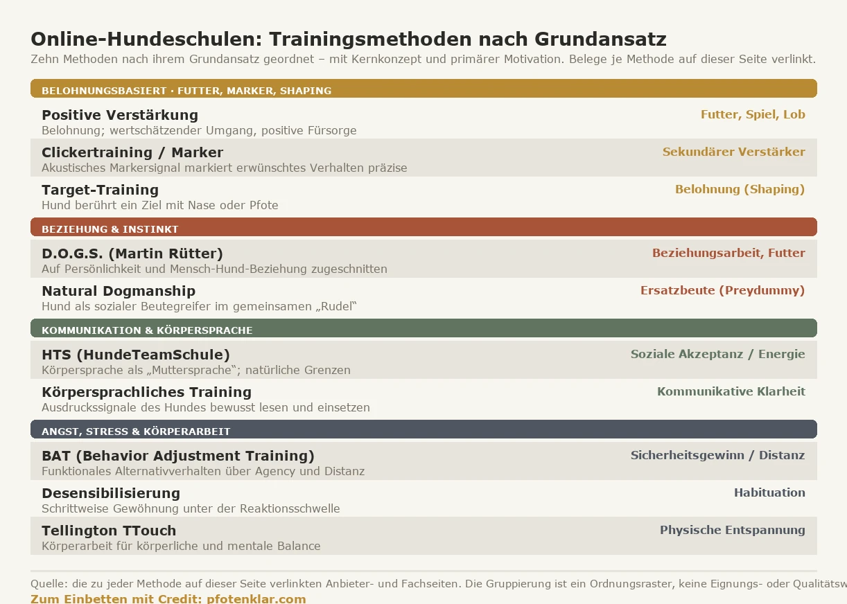 Übersichtskarte von zehn Hundetrainings-Methoden, nach Grundansatz gruppiert. Belohnungsbasiert (Futter, Marker, Shaping): Positive Verstärkung (Belohnung, wertschätzender Umgang; Motivation Futter, Spiel, Lob); Clickertraining/Marker (akustisches Markersignal, sekundärer Verstärker); Target-Training (Hund berührt ein Ziel mit Nase oder Pfote; Belohnung/Shaping). Beziehung und Instinkt: D.O.G.S. von Martin Rütter (auf Persönlichkeit und Mensch-Hund-Beziehung zugeschnitten; Beziehungsarbeit, Futter); Natural Dogmanship (Hund als sozialer Beutegreifer im Rudel; Ersatzbeute/Preydummy). Kommunikation und Körpersprache: HTS HundeTeamSchule (Körpersprache als Muttersprache, natürliche Grenzen; soziale Akzeptanz / Energie); Körpersprachliches Training (Ausdruckssignale des Hundes lesen; kommunikative Klarheit). Angst, Stress und Körperarbeit: BAT Behavior Adjustment Training (Alternativverhalten über Agency und Distanz; Sicherheitsgewinn); Desensibilisierung (schrittweise Gewöhnung unter der Reaktionsschwelle; Habituation); Tellington TTouch (Körperarbeit für Balance; physische Entspannung). Keine Wertung, welche Methode besser ist.